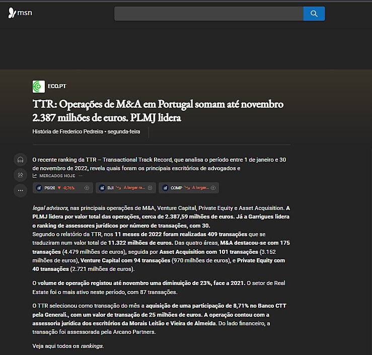 TTR: Operaes de M&A em Portugal somam at novembro 2.387 milhes de euros. PLMJ lidera